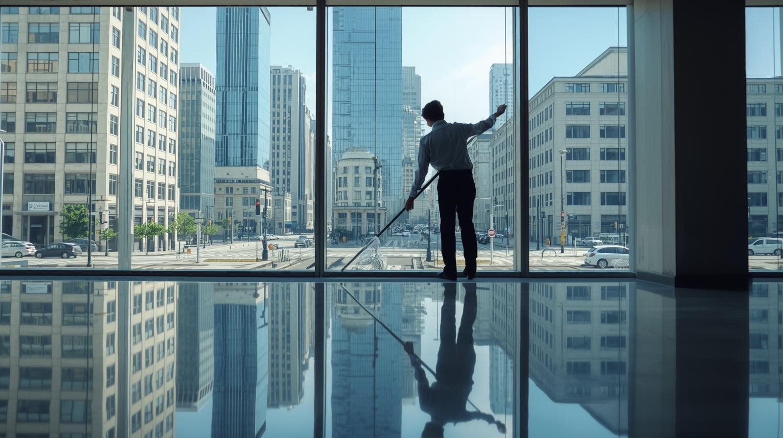 staff cleaning window, office, floor (1)